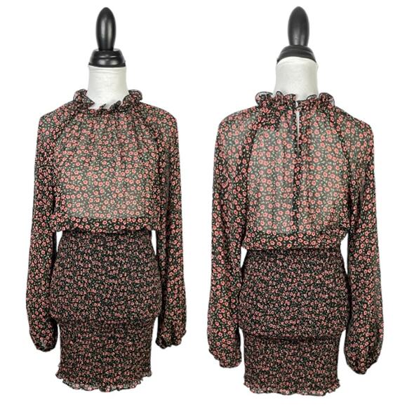 C/MEO Collective | Longevity Black Floral Sheer Smocked Long Sleeve Mini Dress - Picture 3 of 12